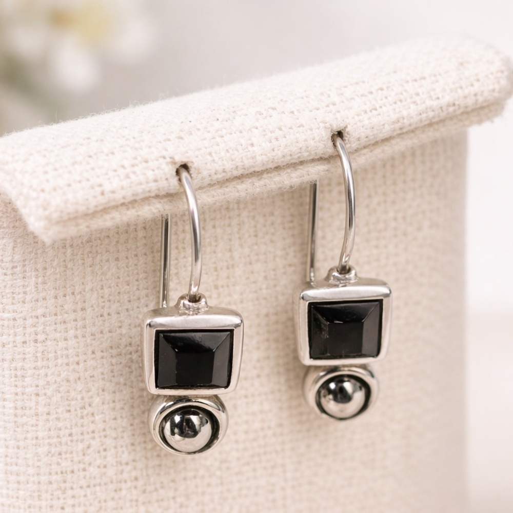 Modern Black Square Drop Earrings with Silver-Tone Ball | Geometric Minimalist